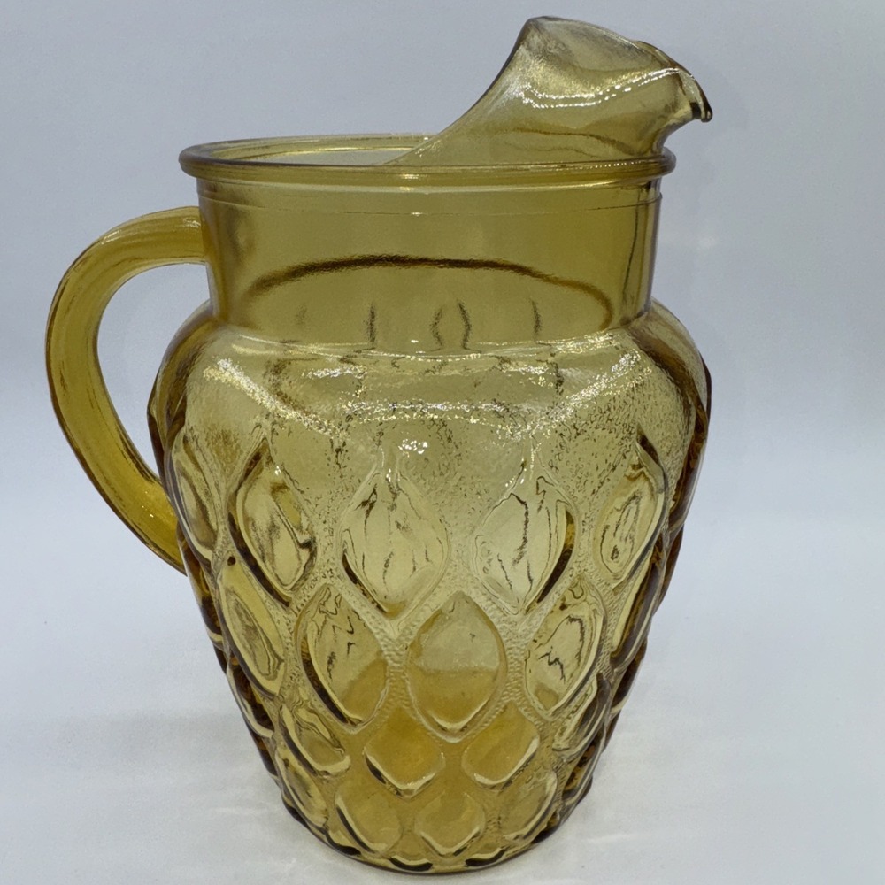 Glass Pitcher w/Ice Lip Anchor Hocking Madrid Amber‎ Honey Gold 78 oz Diamond